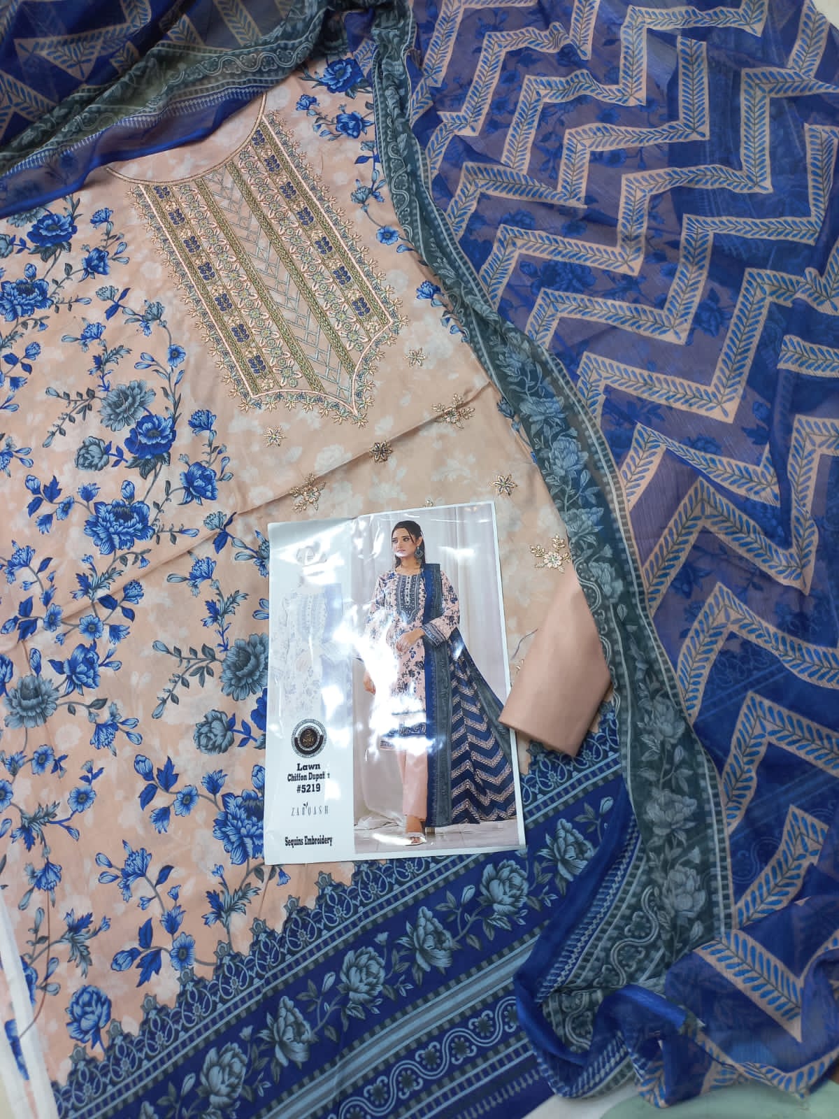 Emb 3 Pcs Suit With Printed