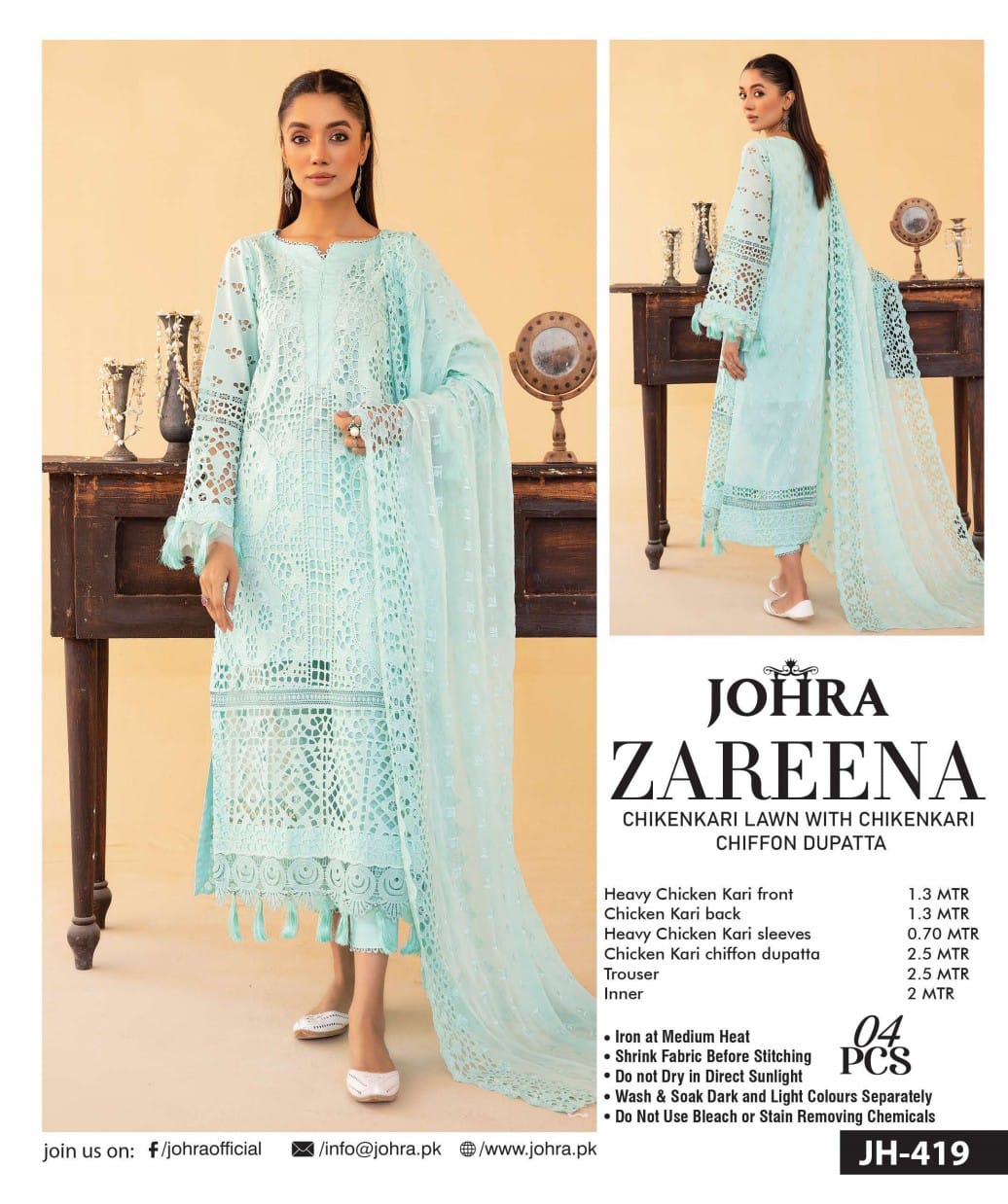 Zareena by Johra Chikan Kari Lawn With Chikan Kari Chiffon Dupatta