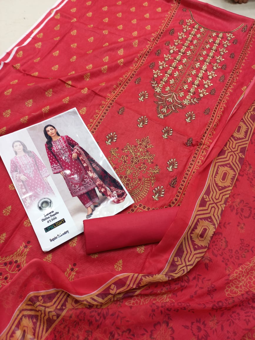 Embroidered 3 Pcs Suit With Printed Lawn Dupatta