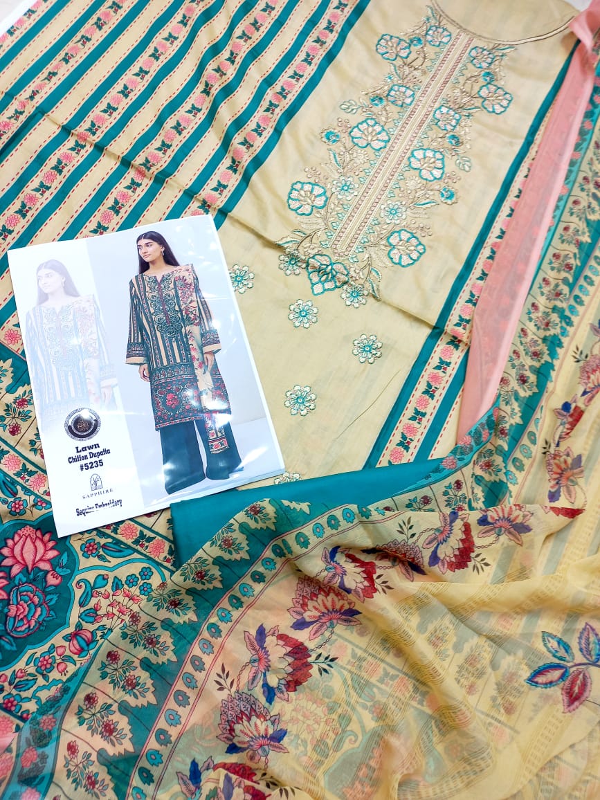 Embroidered 3 Pcs Suit With Printed Lawn Dupatta