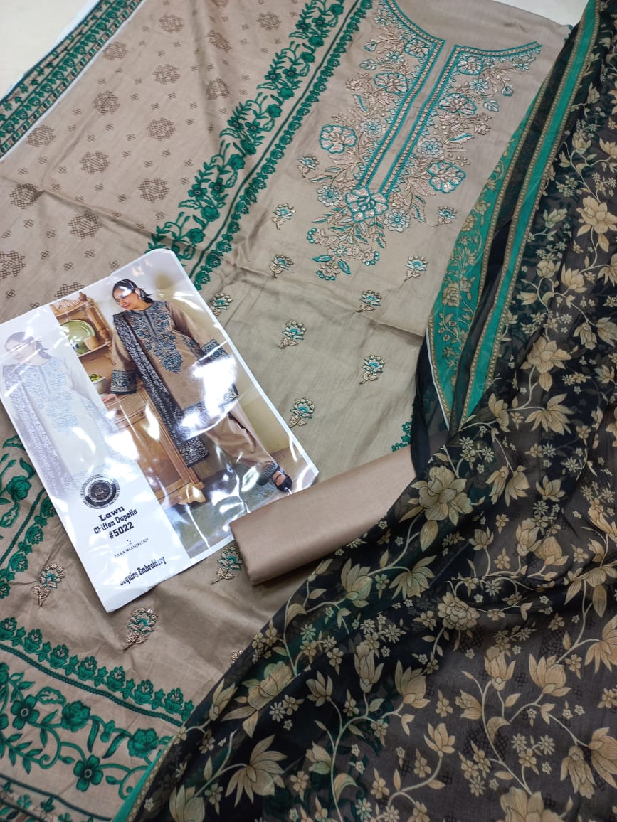 Embroidered 3 Pcs Suit With Printed Lawn Dupatta
