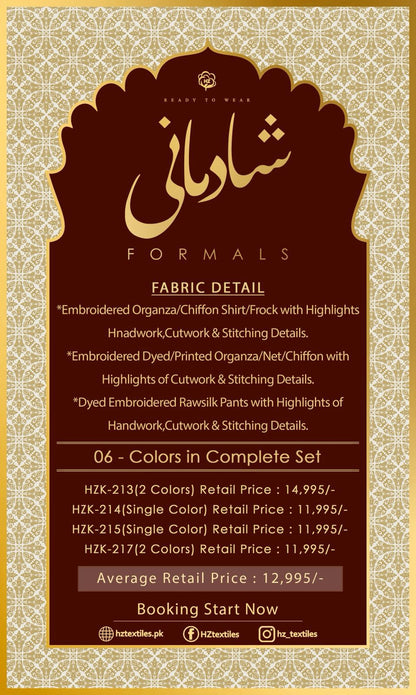 Hz Ready To Wear SHAADMAANI Formals Hand Embellished Stiched Collection