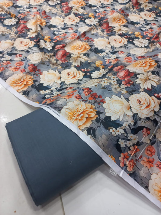Mix Brand 2 Pcs Printed Suit With Plain Trouser