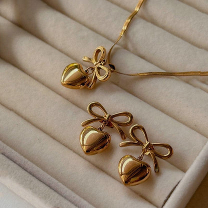 Stainless Steel Bow Heart Locket Set