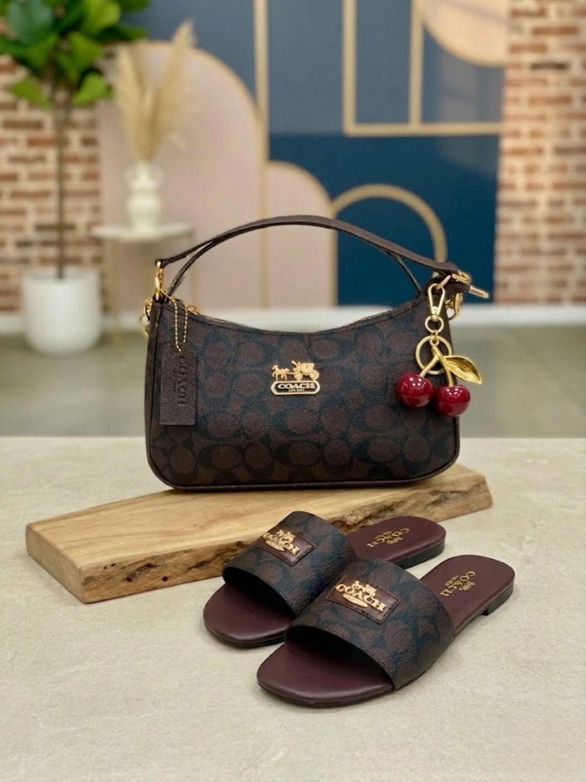 Combo Deal  Coach Flat Slipper + Coach Moon Shape CrossBody Bag