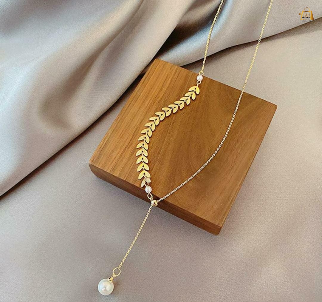 Beautiful Leaf 🌿 Chain With Pearl Necklace Earings Bracelet Set