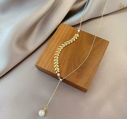 Beautiful Leaf 🌿 Chain With Pearl Necklace Earings Bracelet Set
