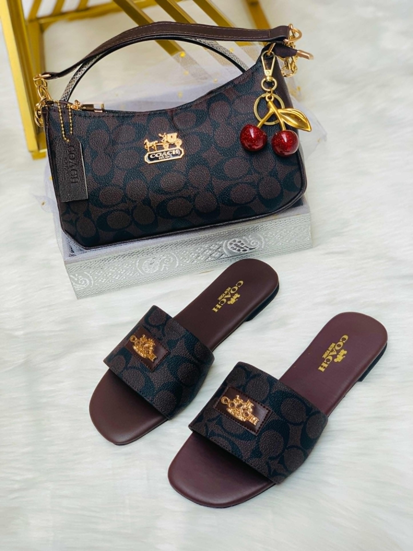 Combo Deal  Coach Flat Slipper + Coach Moon Shape CrossBody Bag