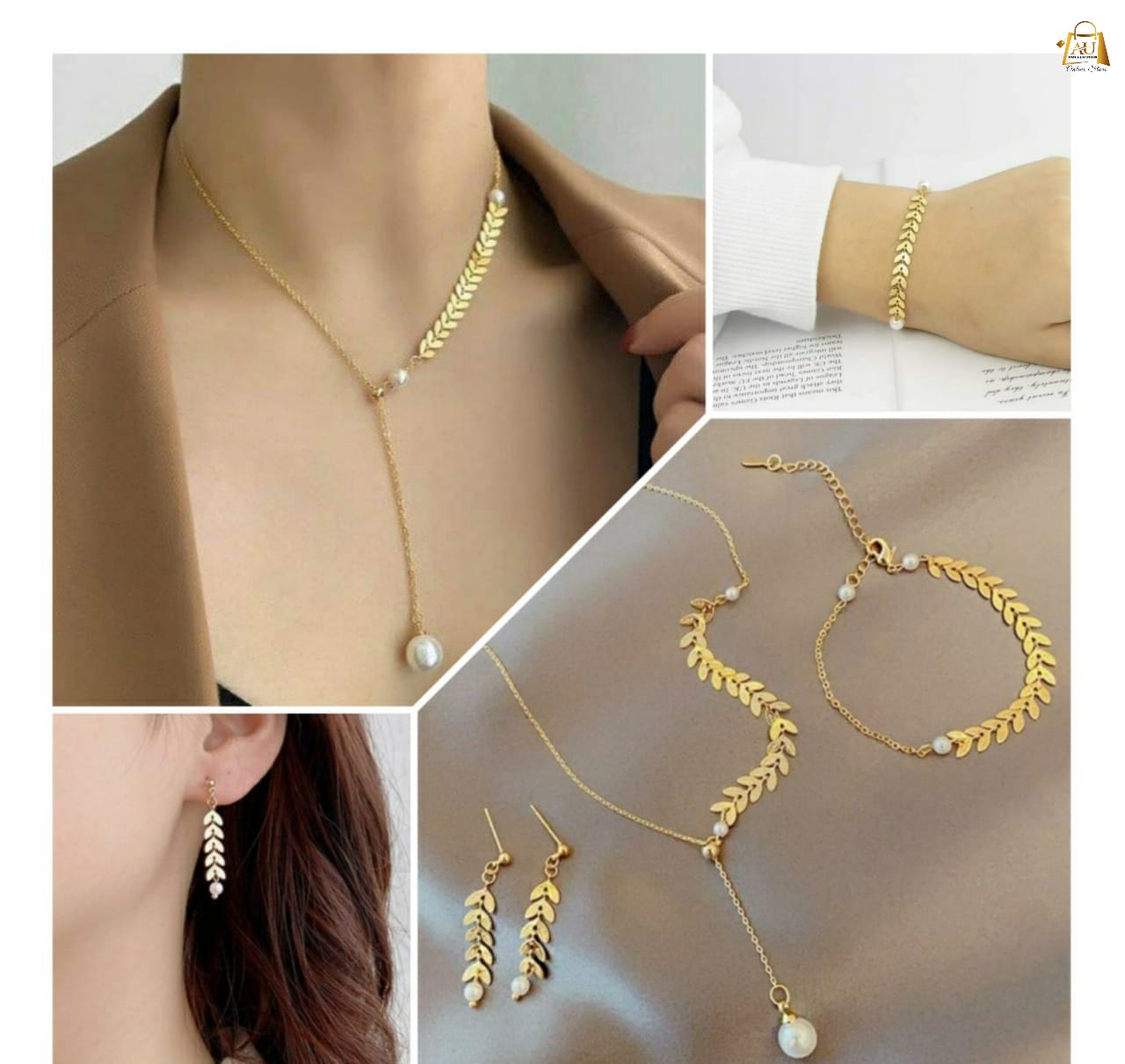 Beautiful Leaf 🌿 Chain With Pearl Necklace Earings Bracelet Set