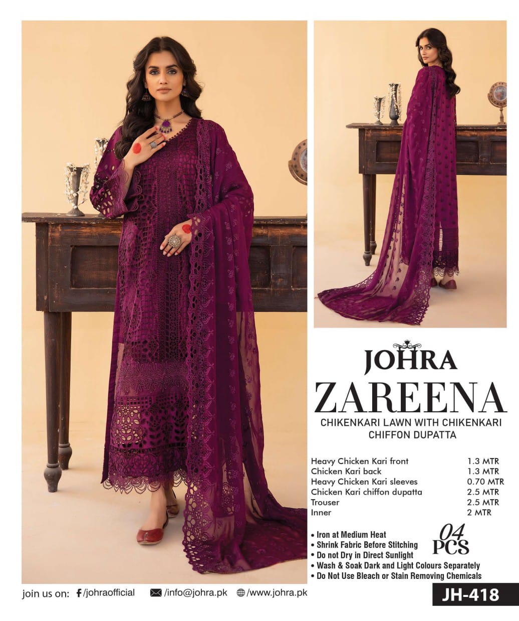 Zareena by Johra Chikan Kari Lawn With Chikan Kari Chiffon Dupatta