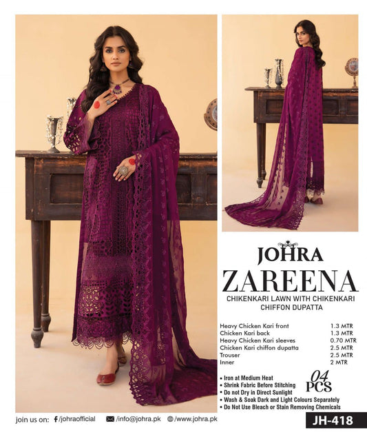 Zareena by Johra Chikan Kari Lawn With Chikan Kari Chiffon Dupatta