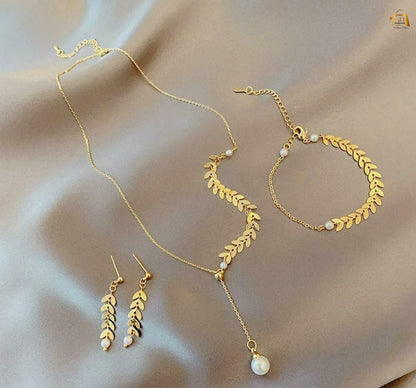 Beautiful Leaf 🌿 Chain With Pearl Necklace Earings Bracelet Set