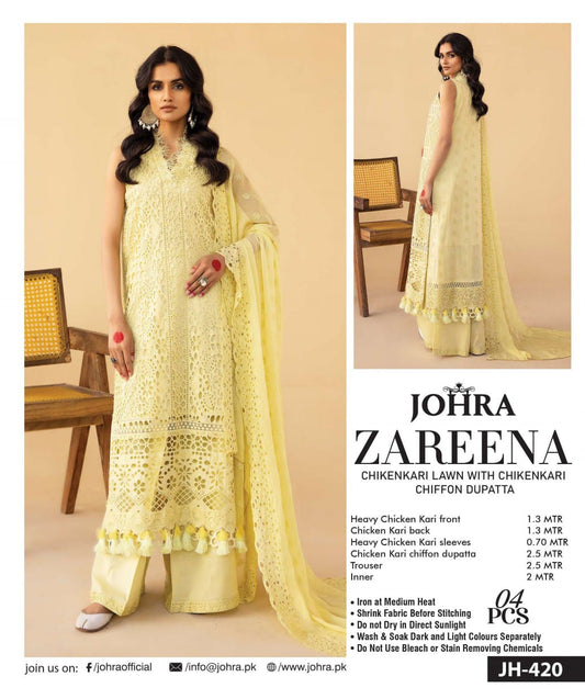 Zareena by Johra Chikan Kari Lawn With Chikan Kari Chiffon Dupatta