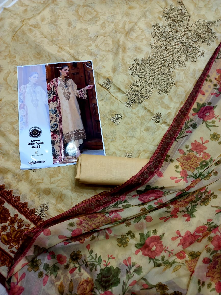 Embroidered 3 Pcs Suit With Printed Lawn Dupatta