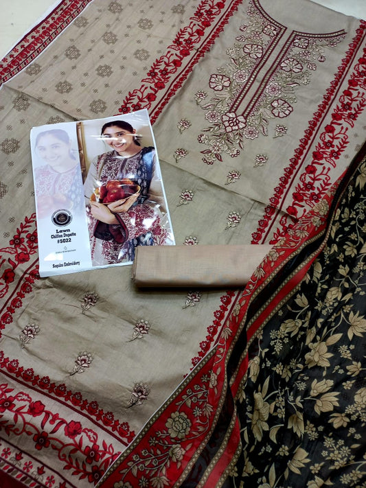 Embroidered 3 Pcs Suit With Printed Lawn Dupatta