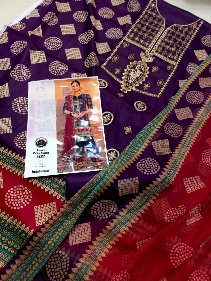 Embroidered 3 Pcs Suit With Printed Lawn Dupatta