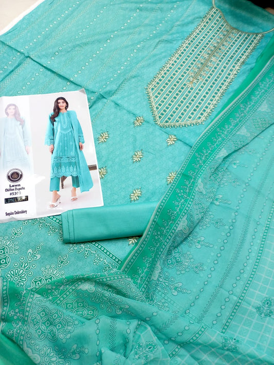 Embroidered 3 Pcs Suit With Printed Lawn Dupatta