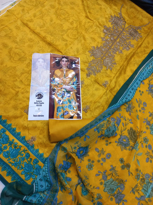 Embroidered 3 Pcs Suit With Printed Lawn Dupatta