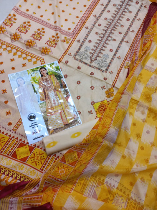 Embroidered 3 Pcs Suit With Printed Lawn Dupatta