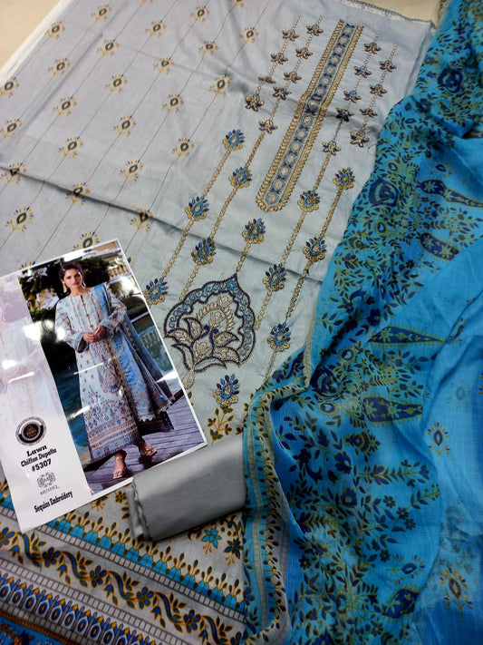 Embroidered 3 Pcs Suit With Printed Lawn Dupatta