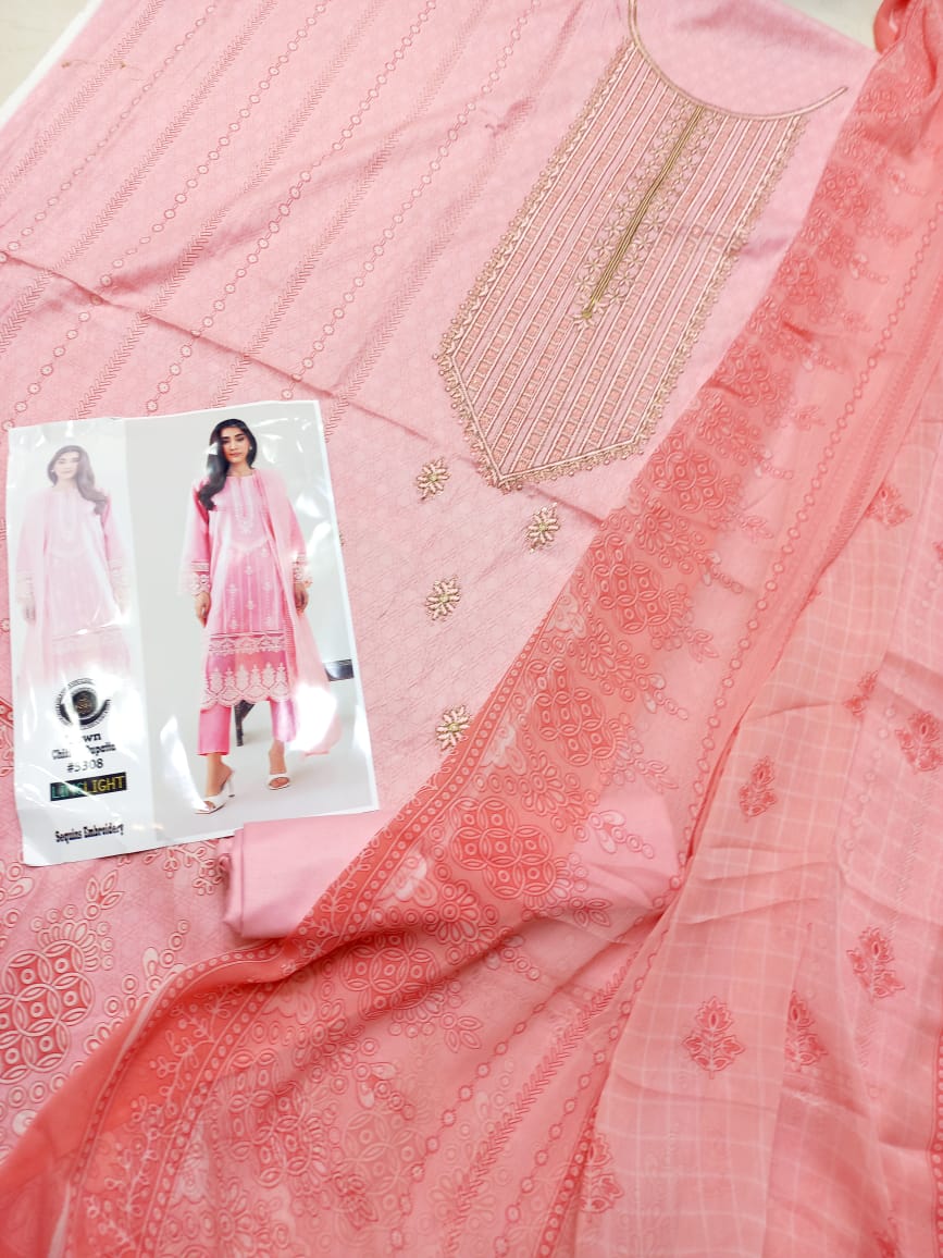Embroidered 3 Pcs Suit With Printed Lawn Dupatta