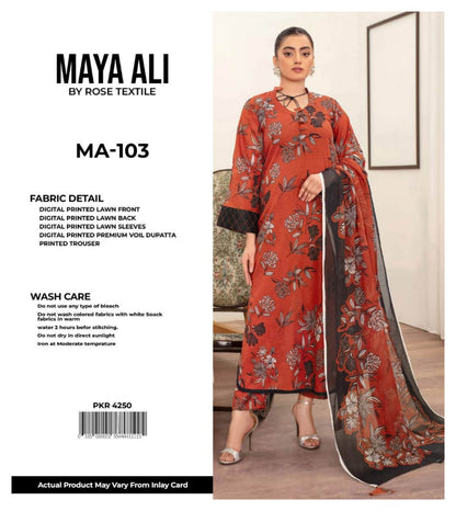 MAYA ALI Digital Printed Lawn 3 Piece
