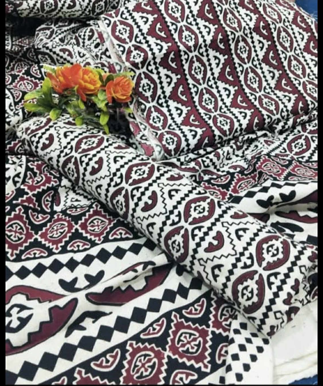 Traditional Ajrak Style Printed Cotton Fabric Collection