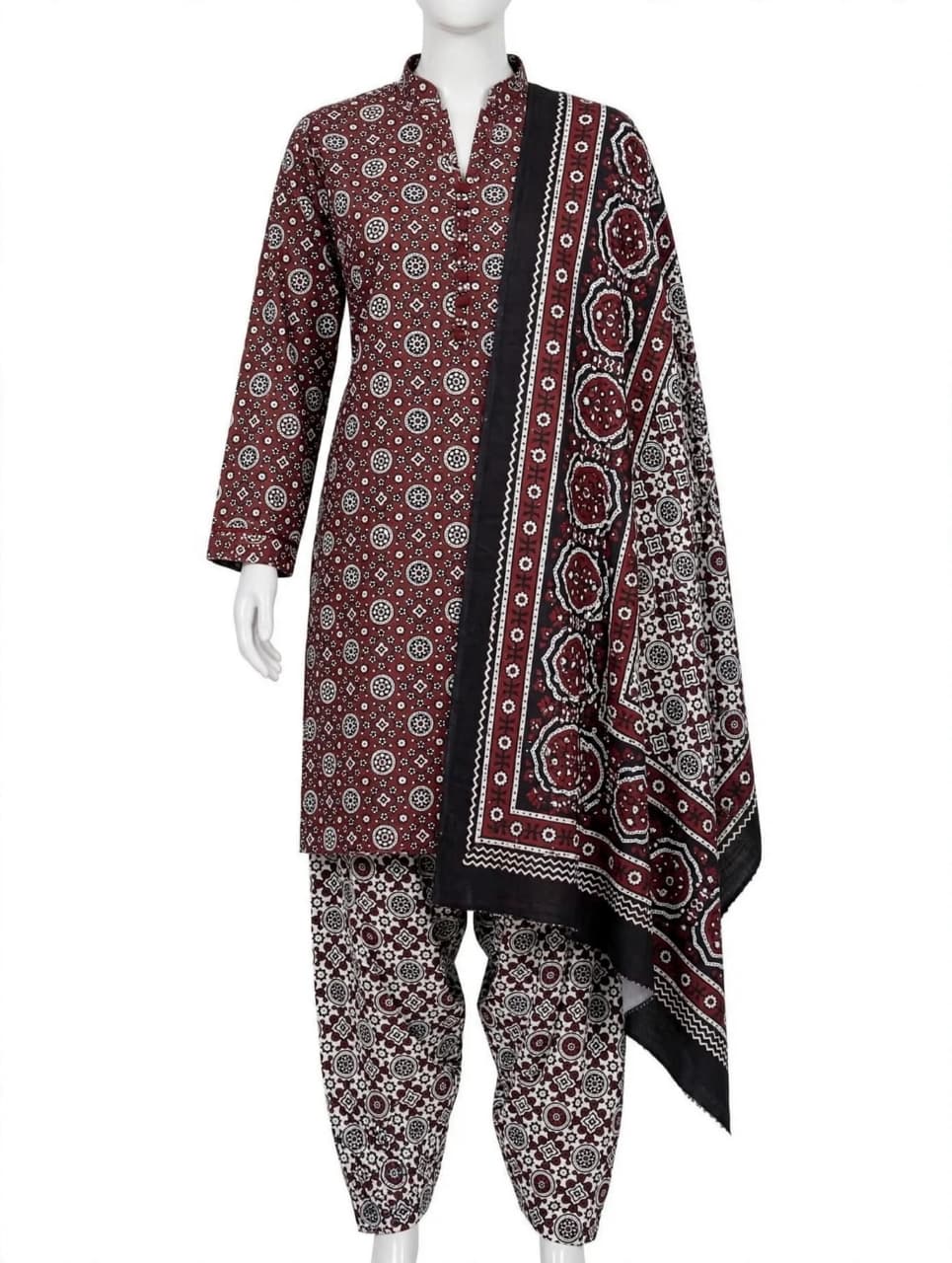 AJRAK COTTON 3 PC COTTON SHIRT TROUSER DUPATTA