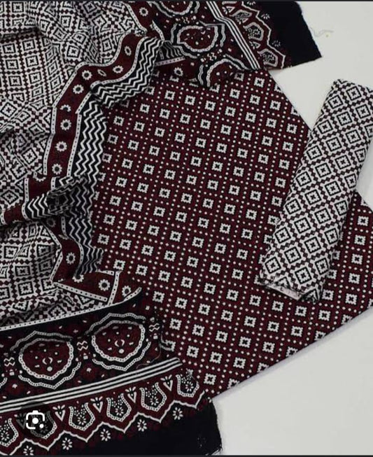 AJRAK COTTON 3 PC COTTON SHIRT TROUSER DUPATTA
