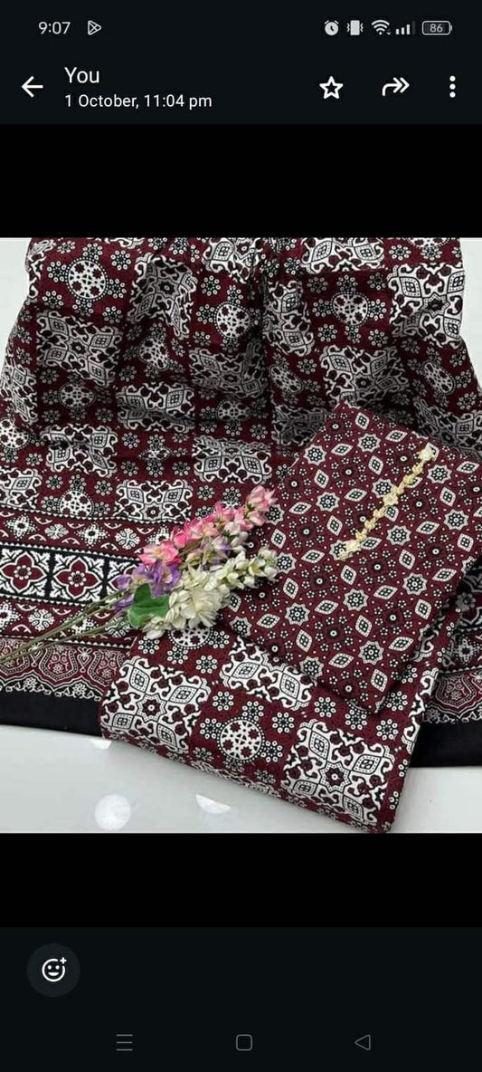 AJRAK COTTON 3 PC COTTON SHIRT TROUSER DUPATTA