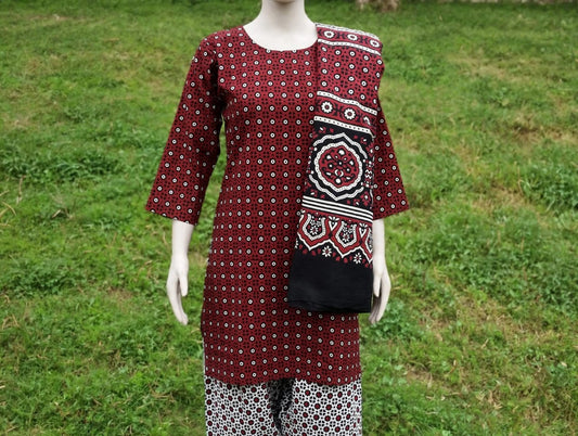 AJRAK COTTON 3 PC COTTON SHIRT TROUSER DUPATTA