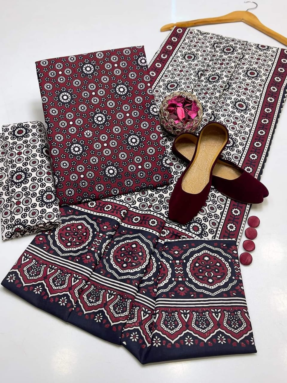 AJRAK COTTON 3 PC COTTON SHIRT TROUSER DUPATTA