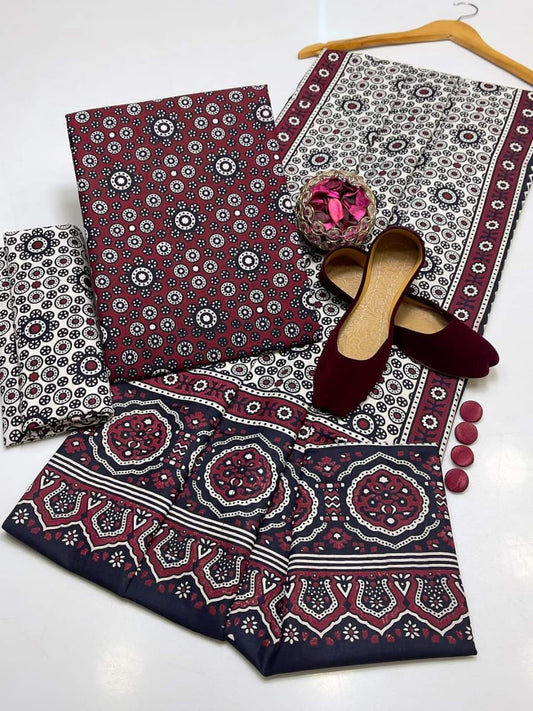 AJRAK COTTON 3 PC COTTON SHIRT TROUSER DUPATTA