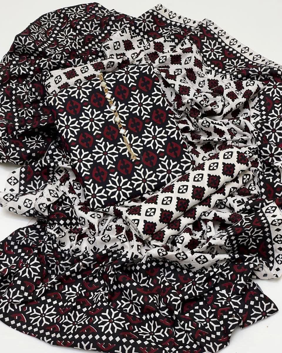 AJRAK COTTON 3 PC COTTON SHIRT TROUSER DUPATTA (Copy)