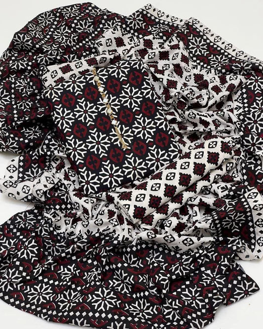 AJRAK COTTON 3 PC COTTON SHIRT TROUSER DUPATTA (Copy)