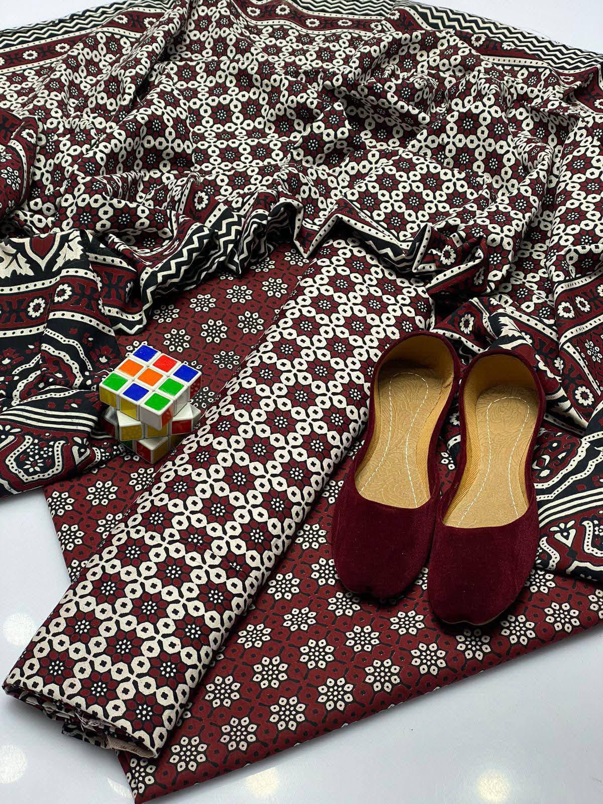 AJRAK COTTON 3 PC COTTON SHIRT TROUSER DUPATTA