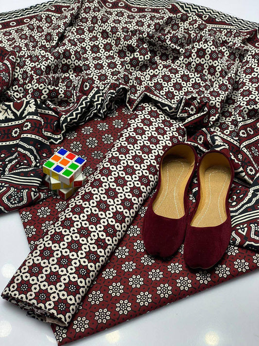 AJRAK COTTON 3 PC COTTON SHIRT TROUSER DUPATTA