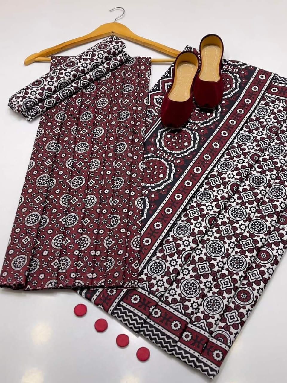 AJRAK COTTON 3 PC COTTON SHIRT TROUSER DUPATTA