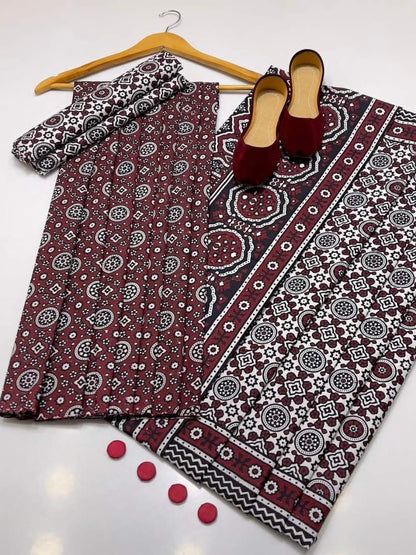 AJRAK COTTON 3 PC COTTON SHIRT TROUSER DUPATTA