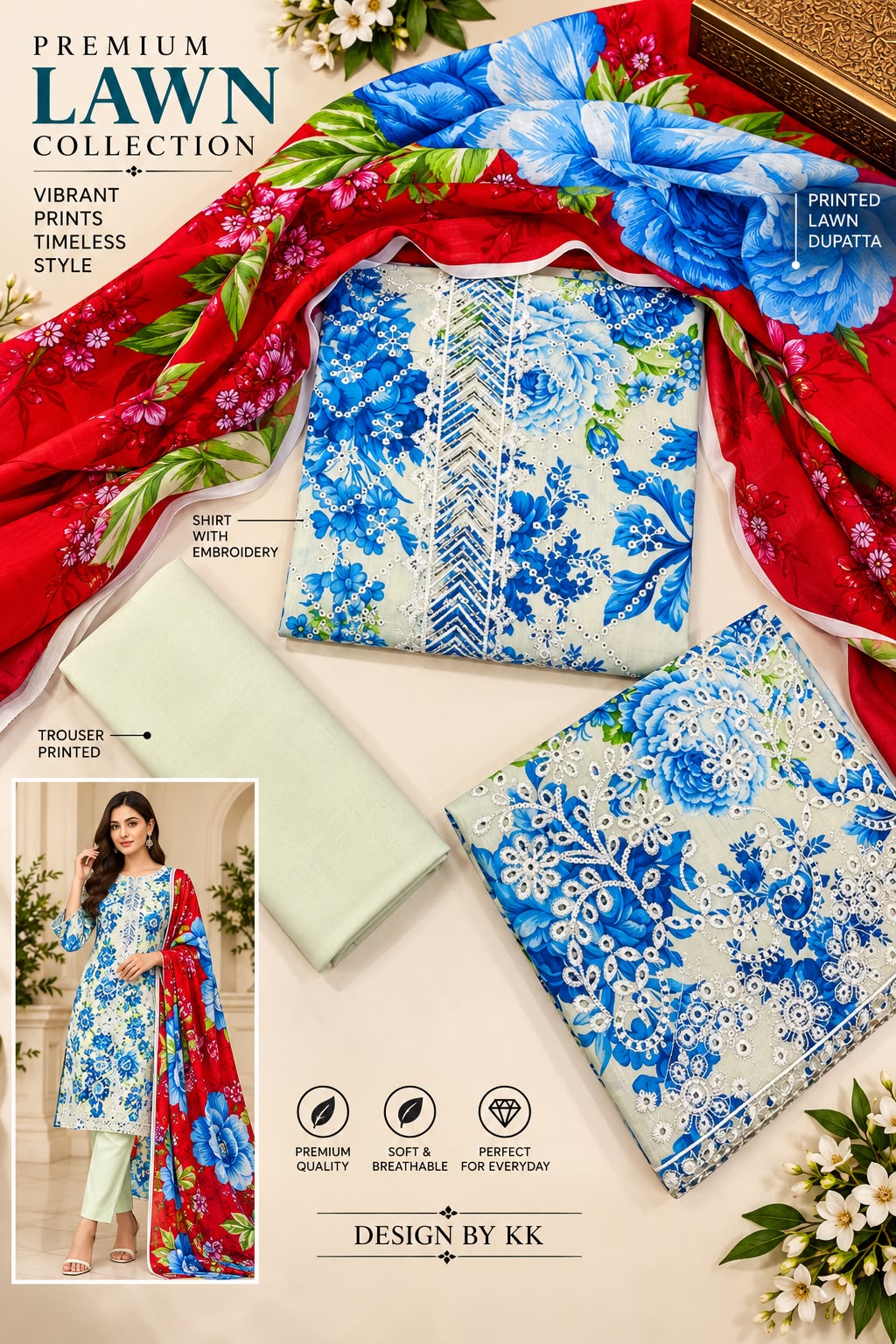 EMBROIDED COTTON 3 PCS LAWN