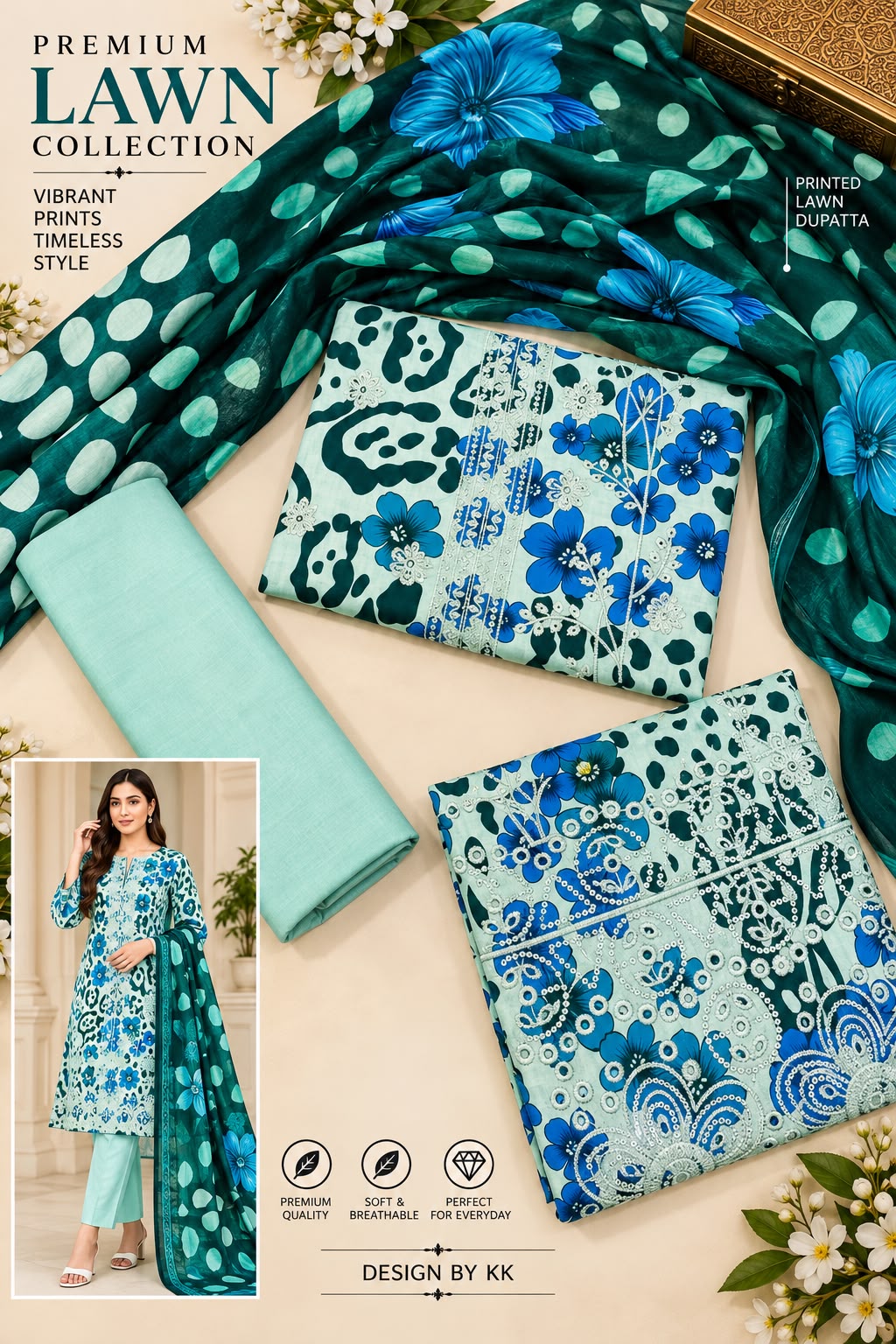EMBROIDED COTTON 3 PCS LAWN